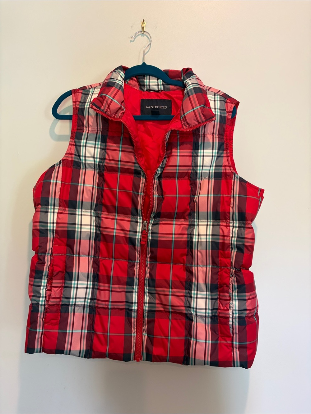 Lands' End Red Plaid Quilted Vest